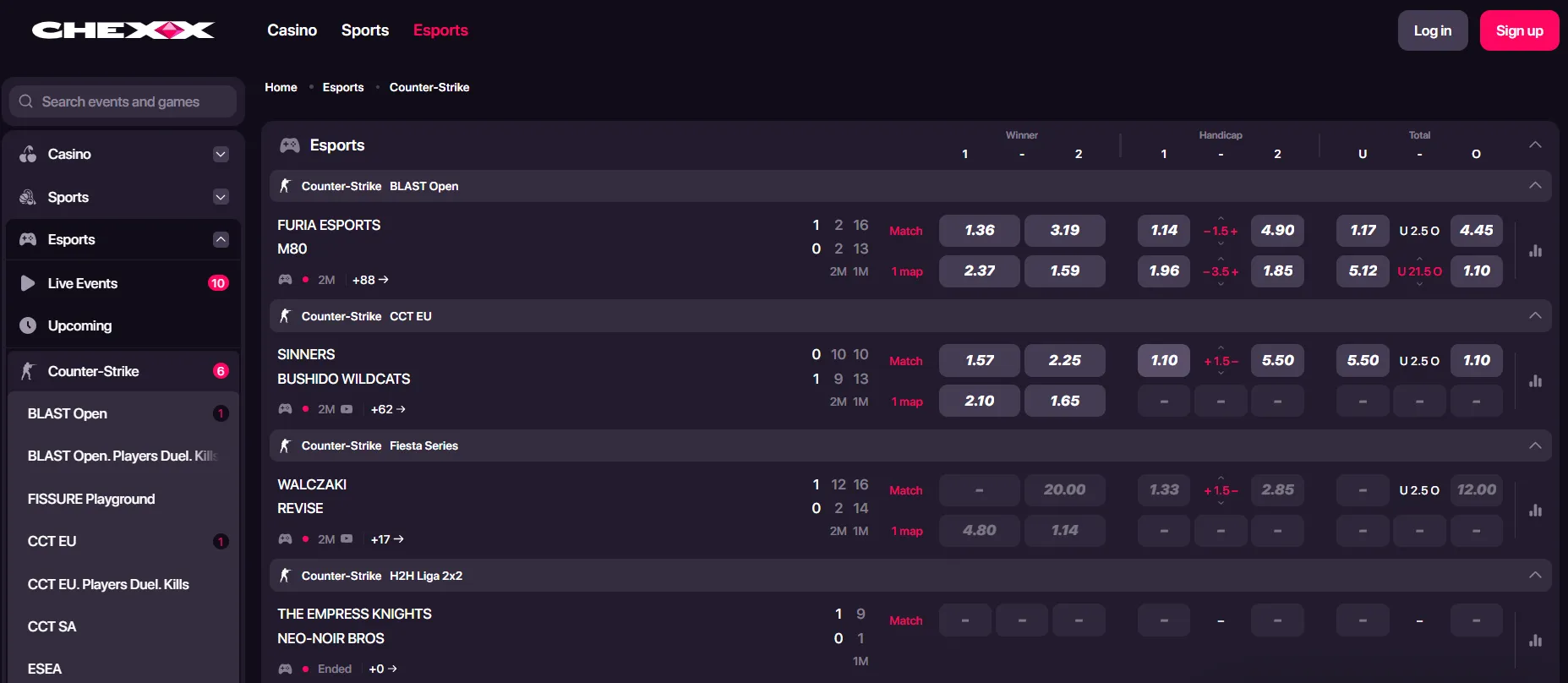 CHEXX esports betting interface