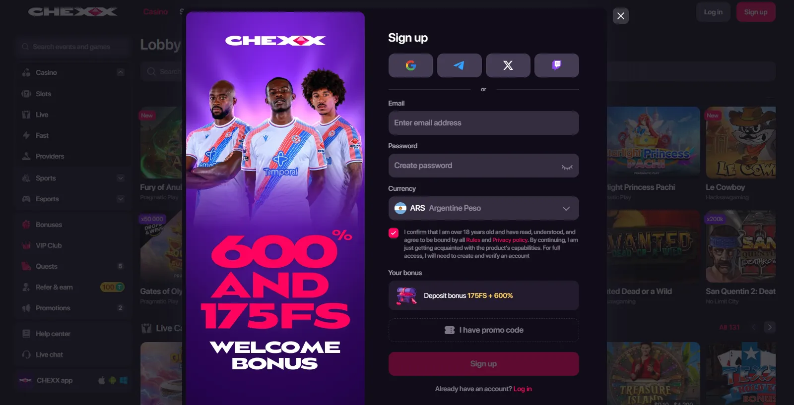 CHEXX account registration interface