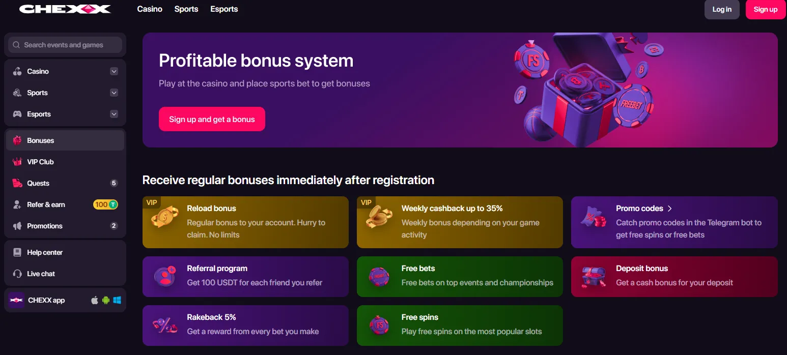 CHEXX promotions and bonus interface