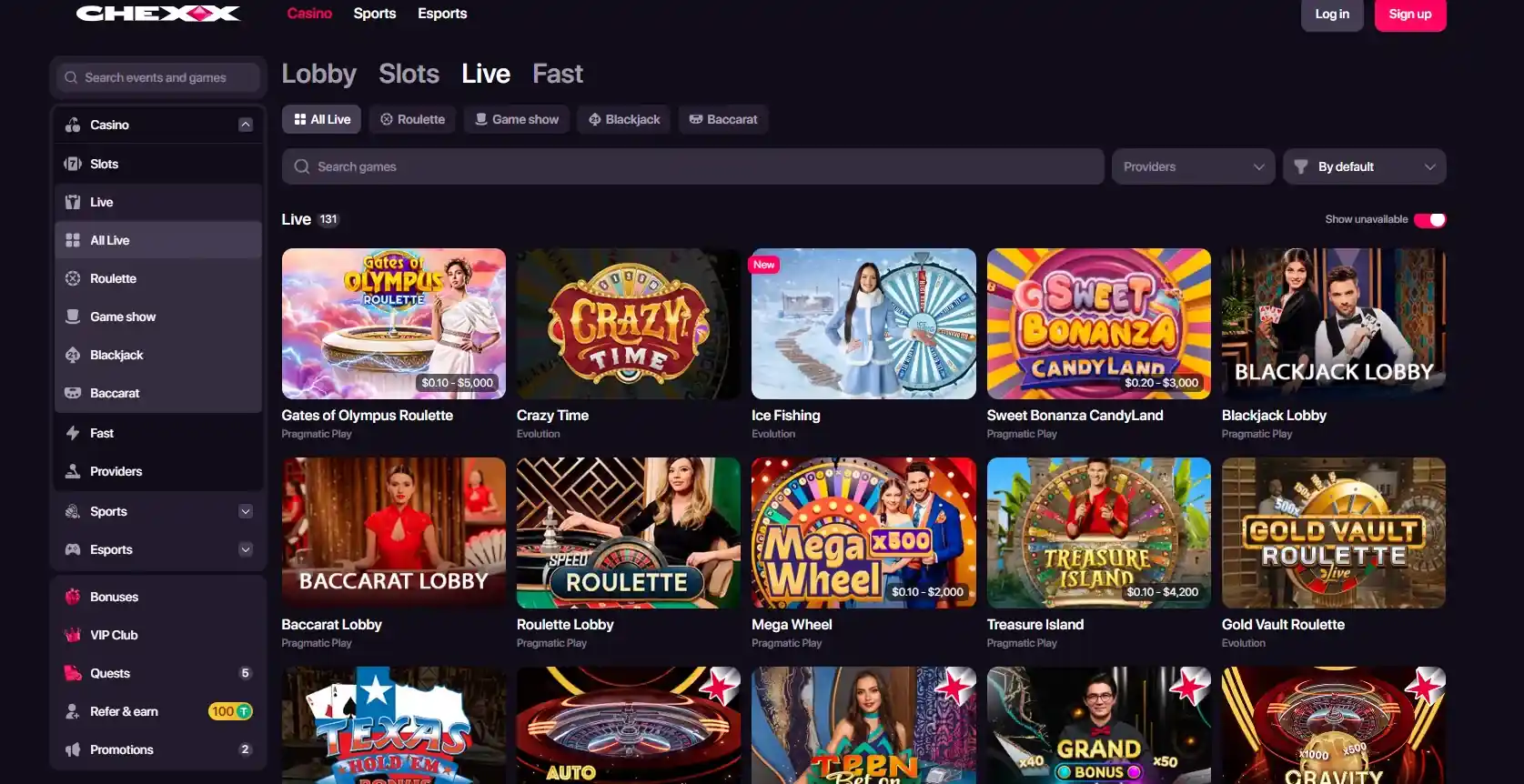 CHEXX live casino lobby with dealer tables