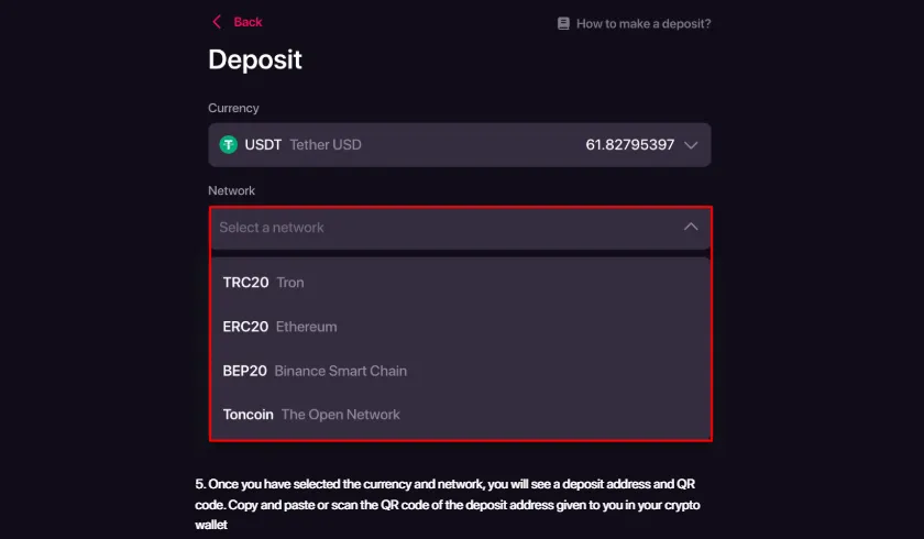 CHEXX crypto deposit selection screen