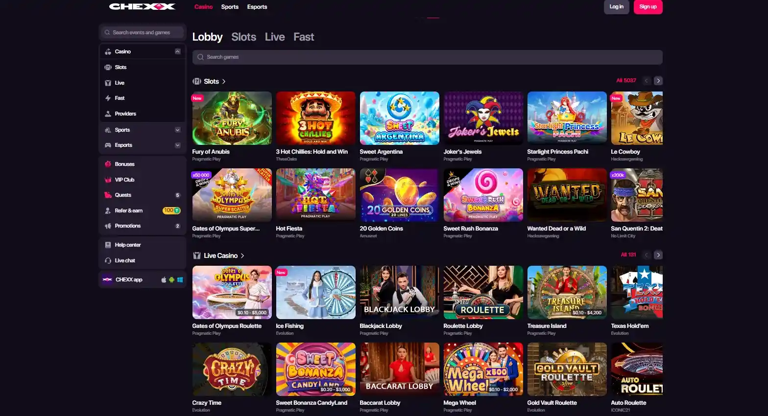 CHEXX casino lobby with game categories