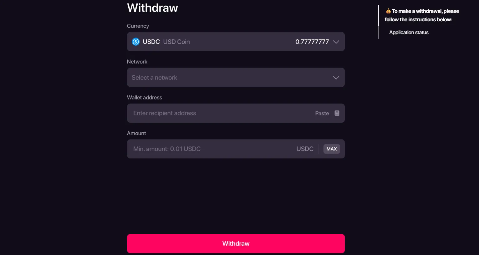 CHEXX cryptocurrency withdrawal interface